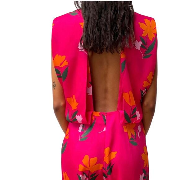 Zara Sleeveless Cut-Out Back Floral Jumpsuit in Bright Pink size Medium NWT - Picture 8 of 9